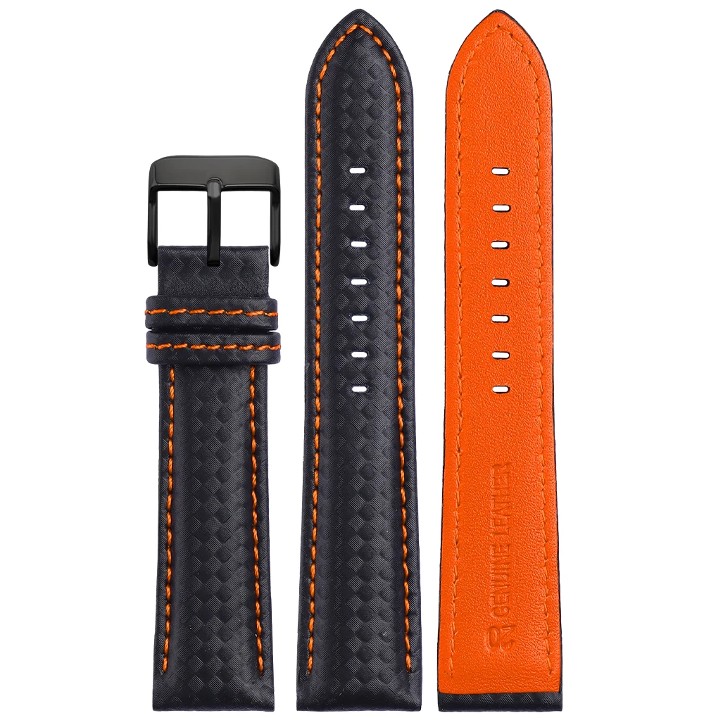 Genuine Leather Bracelet Carbon Fiber Grain Watchband 18mm 20mm Red Orange Stitching Watch Band 21mm 22mm 23mm 24mm Watch Strap