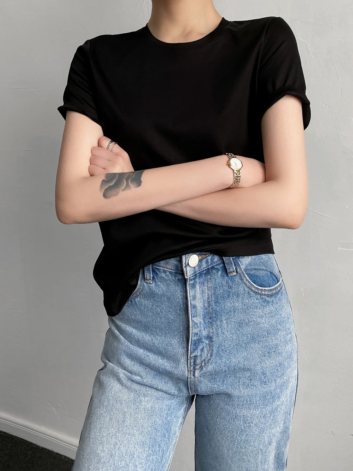 Summer 6% Mulberry Silk Cotton T-shirts Women Loose Round Neck Short Sleeve Luxury Tee Solid Color Basic Tops