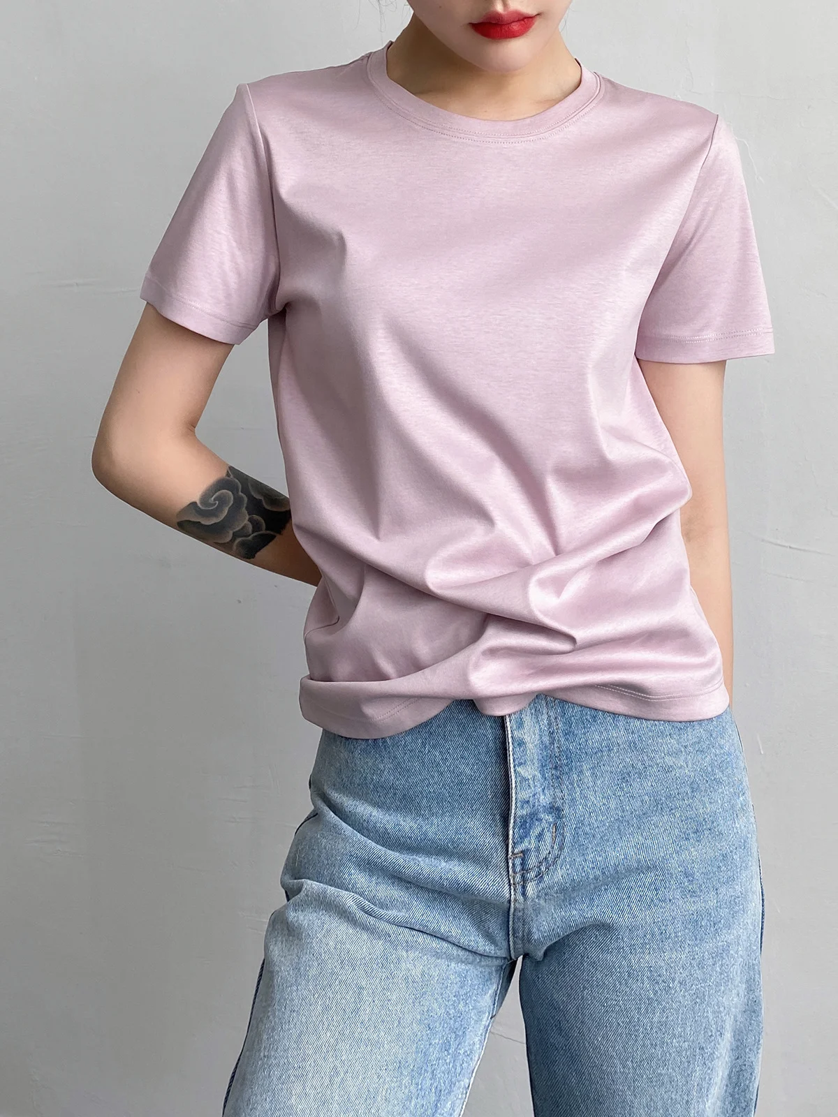 Summer 6% Mulberry Silk Cotton T-shirts Women Loose Round Neck Short Sleeve Luxury Tee Solid Color Basic Tops