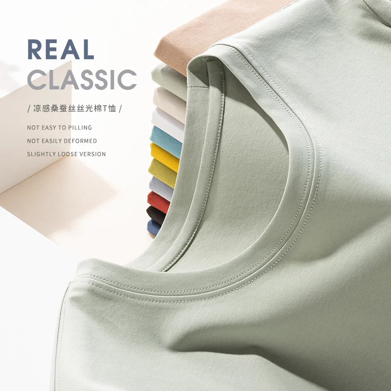 Summer 6% Mulberry Silk Cotton T-shirts Women Loose Round Neck Short Sleeve Luxury Tee Solid Color Basic Tops
