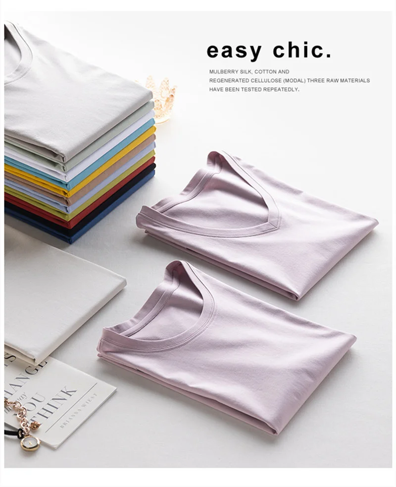 Summer 6% Mulberry Silk Cotton T-shirts Women Loose Round Neck Short Sleeve Luxury Tee Solid Color Basic Tops