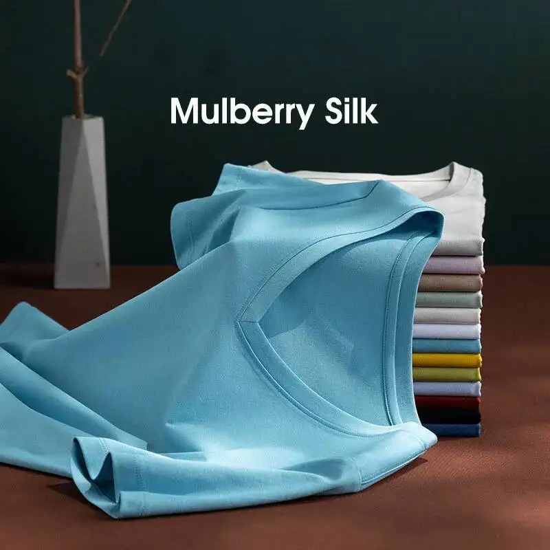 Summer 6% Mulberry Silk Cotton T-shirts Women Loose Round Neck Short Sleeve Luxury Tee Solid Color Basic Tops