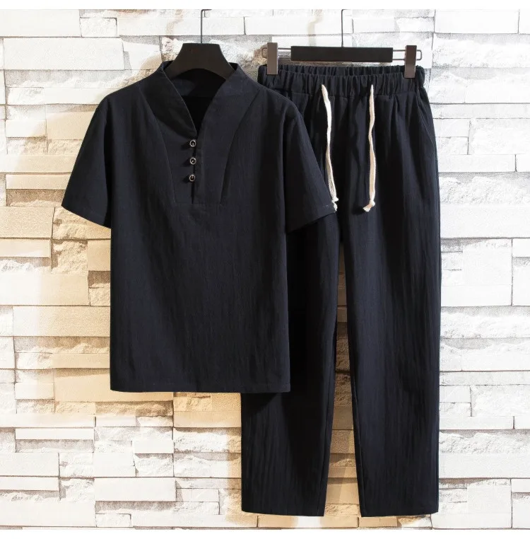 (Shirt + trousers) summer men shirt Man Cotton shirts Short sleeve men's casual shirts men A set of clothes size M-5XL