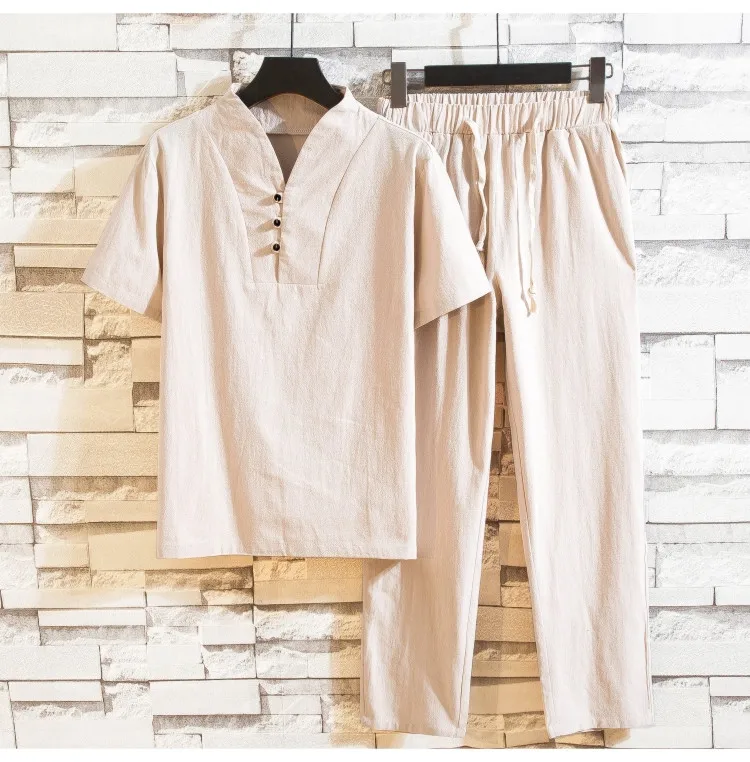 (Shirt + trousers) summer men shirt Man Cotton shirts Short sleeve men's casual shirts men A set of clothes size M-5XL