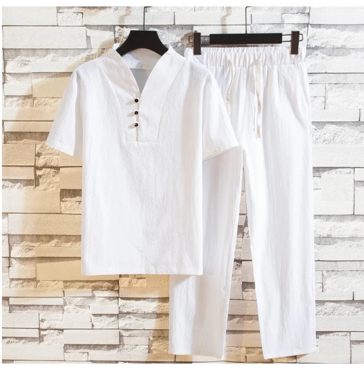 (Shirt + trousers) summer men shirt Man Cotton shirts Short sleeve men's casual shirts men A set of clothes size M-5XL
