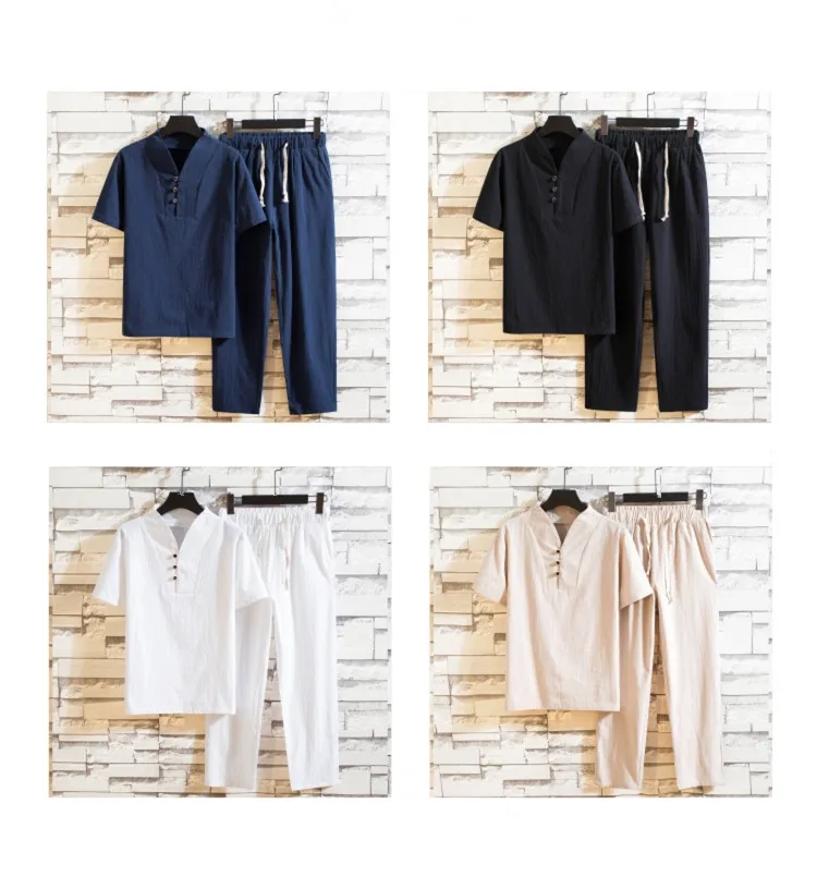 (Shirt + trousers) summer men shirt Man Cotton shirts Short sleeve men's casual shirts men A set of clothes size M-5XL