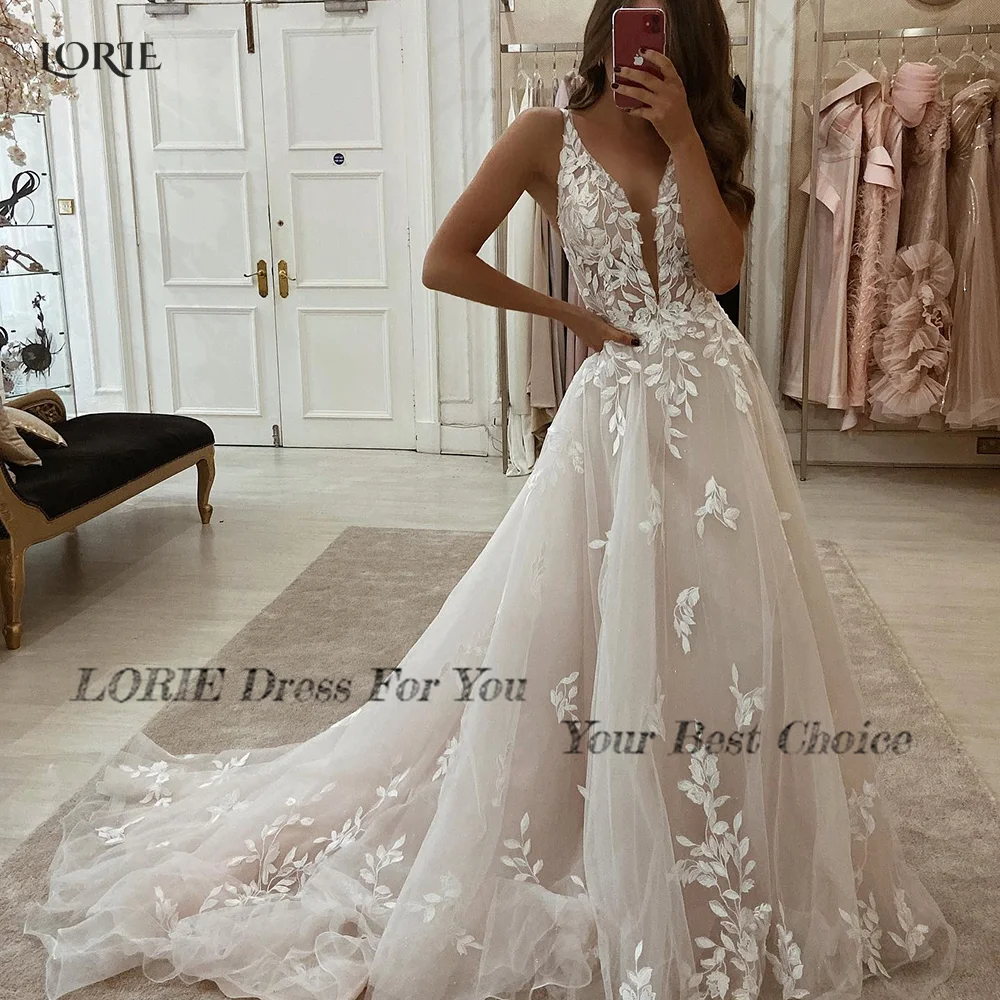 LORIE Boho Lace Elegant Wedding Dresses Low-Cut V-Neck Applique Bride Gowns Princess Spaghetti Strap Bridal Gown PartyCustomized