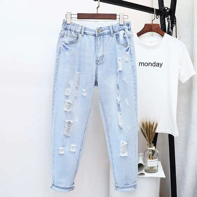 4XL 5XL Plus Size Jeans Woman High Waist Denim Trousers Loose Hole Ripped Jeans For Women Washed Summer Autumn Jean Femme C7419