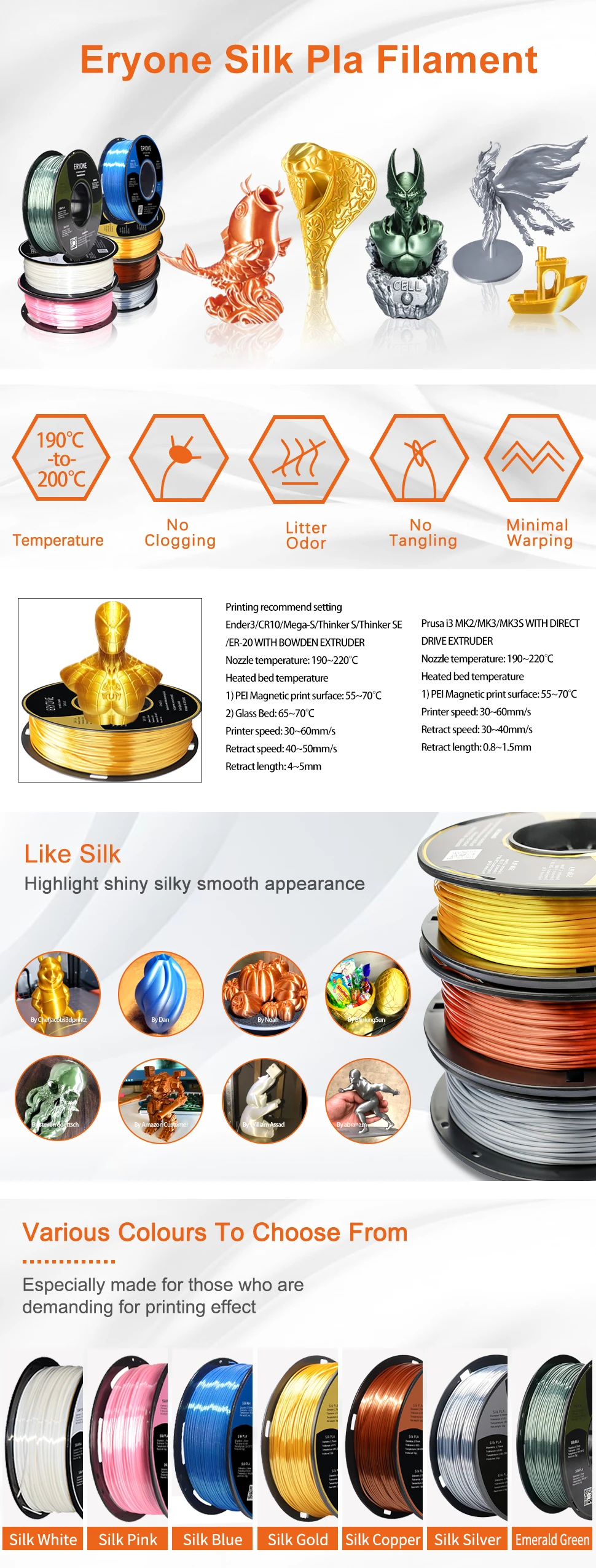 ERYONE 3KG Silk PLA Filament 1.75mm No Bubble Vacuum Biodegradable Fast Shipping Overseas Warehouse 1KG(2.2LBS)/spool