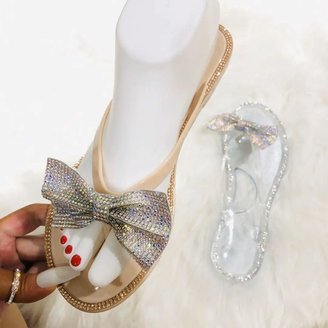 2024 Spring/Summer New Large Size Flip Flops Women Bow Knot Rhinestones Outdoor Leisure Beach Flat Home Sandals/Slippers