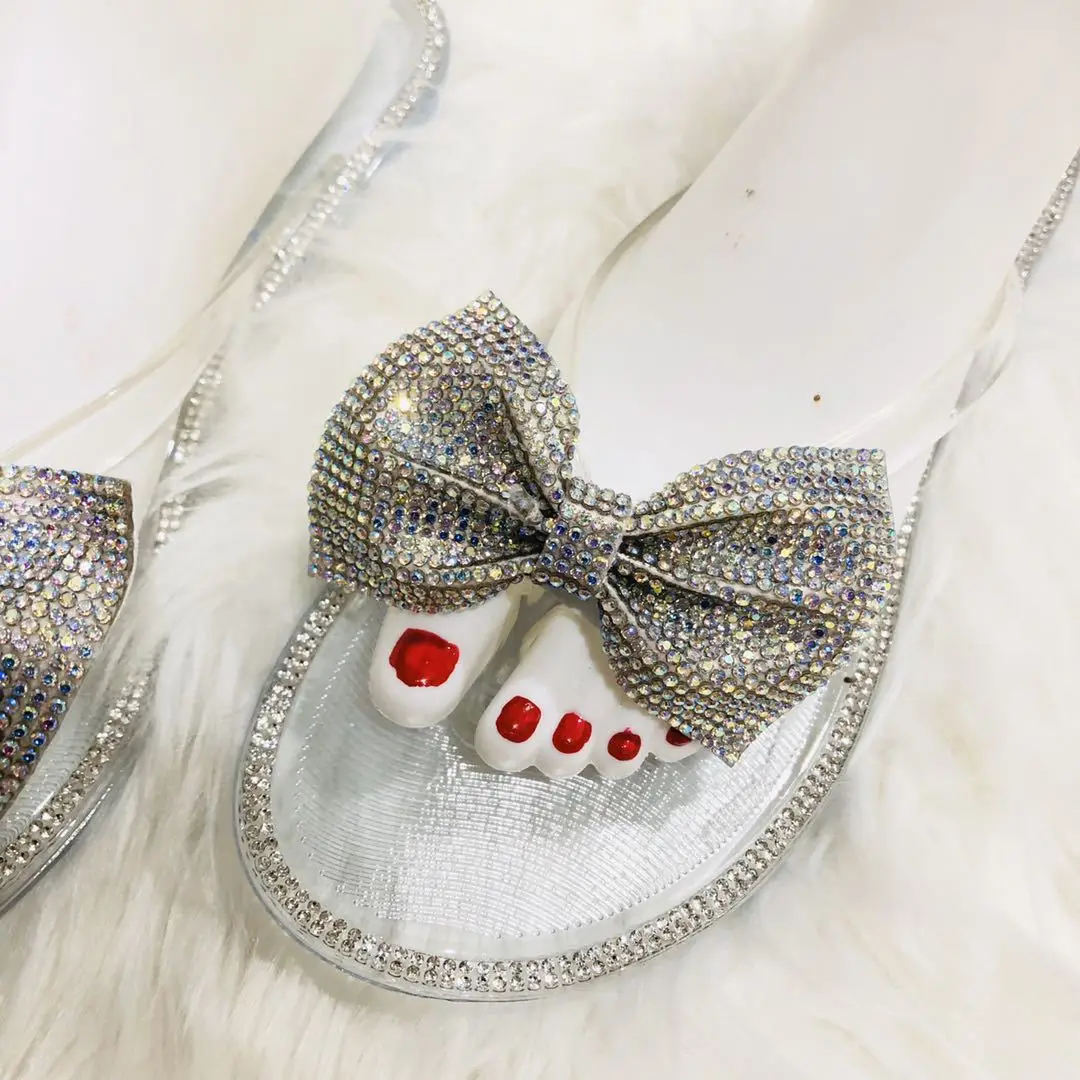 2024 Spring/Summer New Large Size Flip Flops Women Bow Knot Rhinestones Outdoor Leisure Beach Flat Home Sandals/Slippers