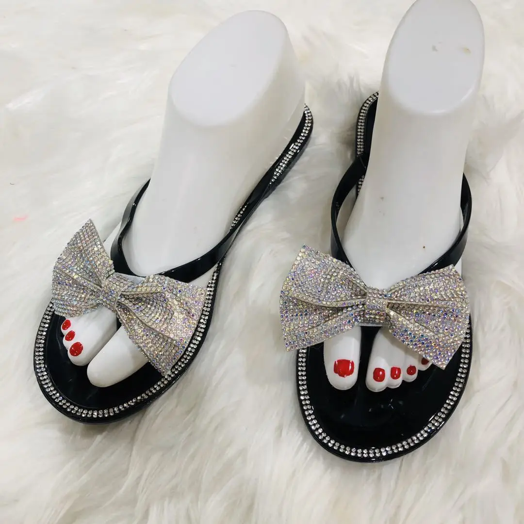 2024 Spring/Summer New Large Size Flip Flops Women Bow Knot Rhinestones Outdoor Leisure Beach Flat Home Sandals/Slippers