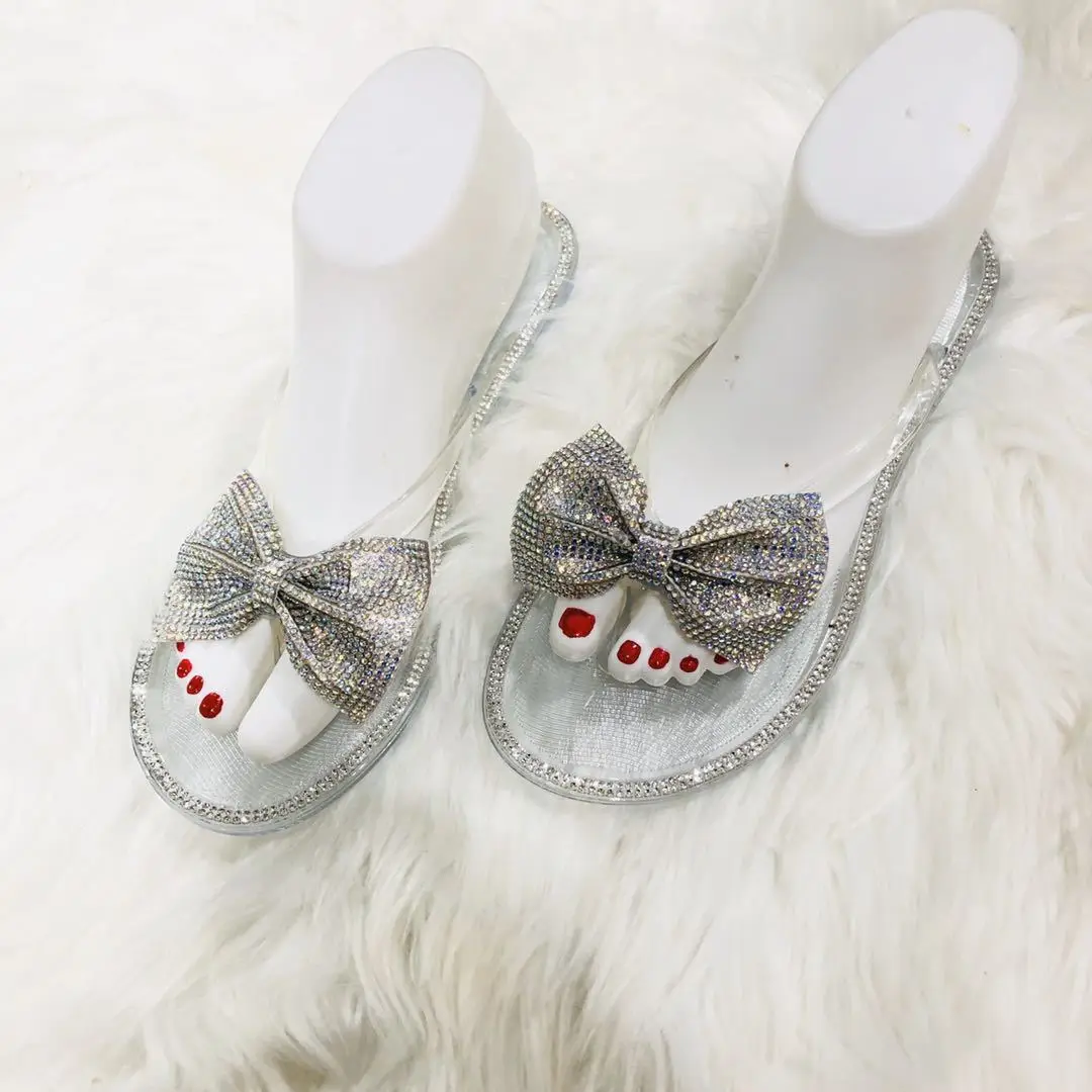 2024 Spring/Summer New Large Size Flip Flops Women Bow Knot Rhinestones Outdoor Leisure Beach Flat Home Sandals/Slippers