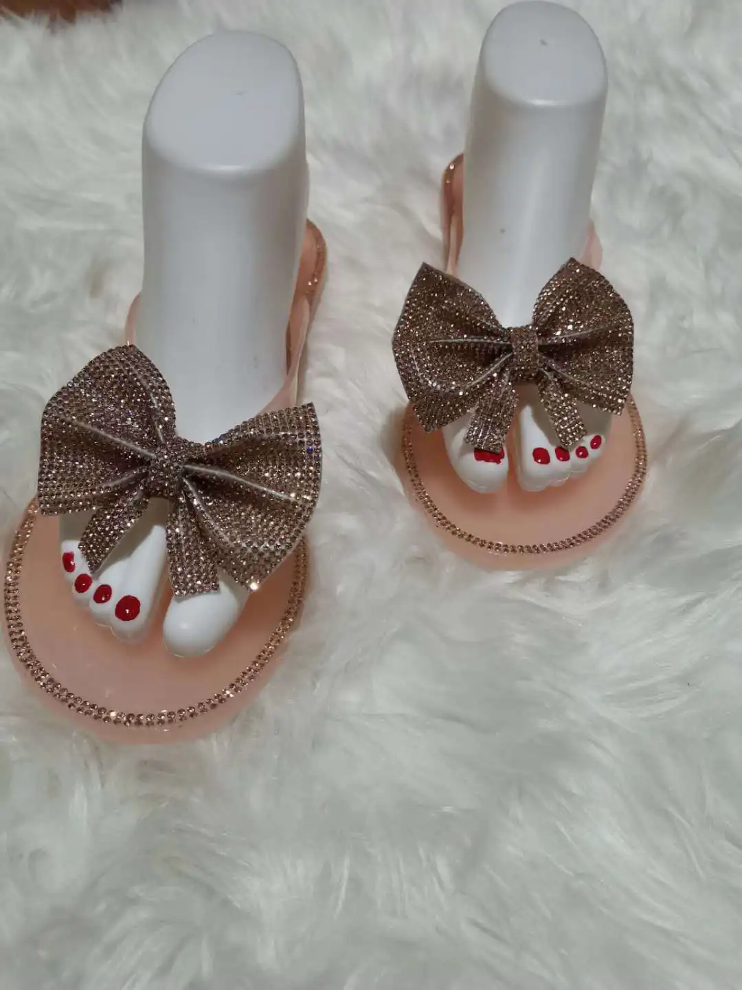 2024 Spring/Summer New Large Size Flip Flops Women Bow Knot Rhinestones Outdoor Leisure Beach Flat Home Sandals/Slippers