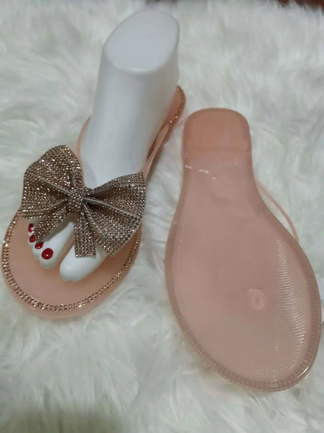 2024 Spring/Summer New Large Size Flip Flops Women Bow Knot Rhinestones Outdoor Leisure Beach Flat Home Sandals/Slippers