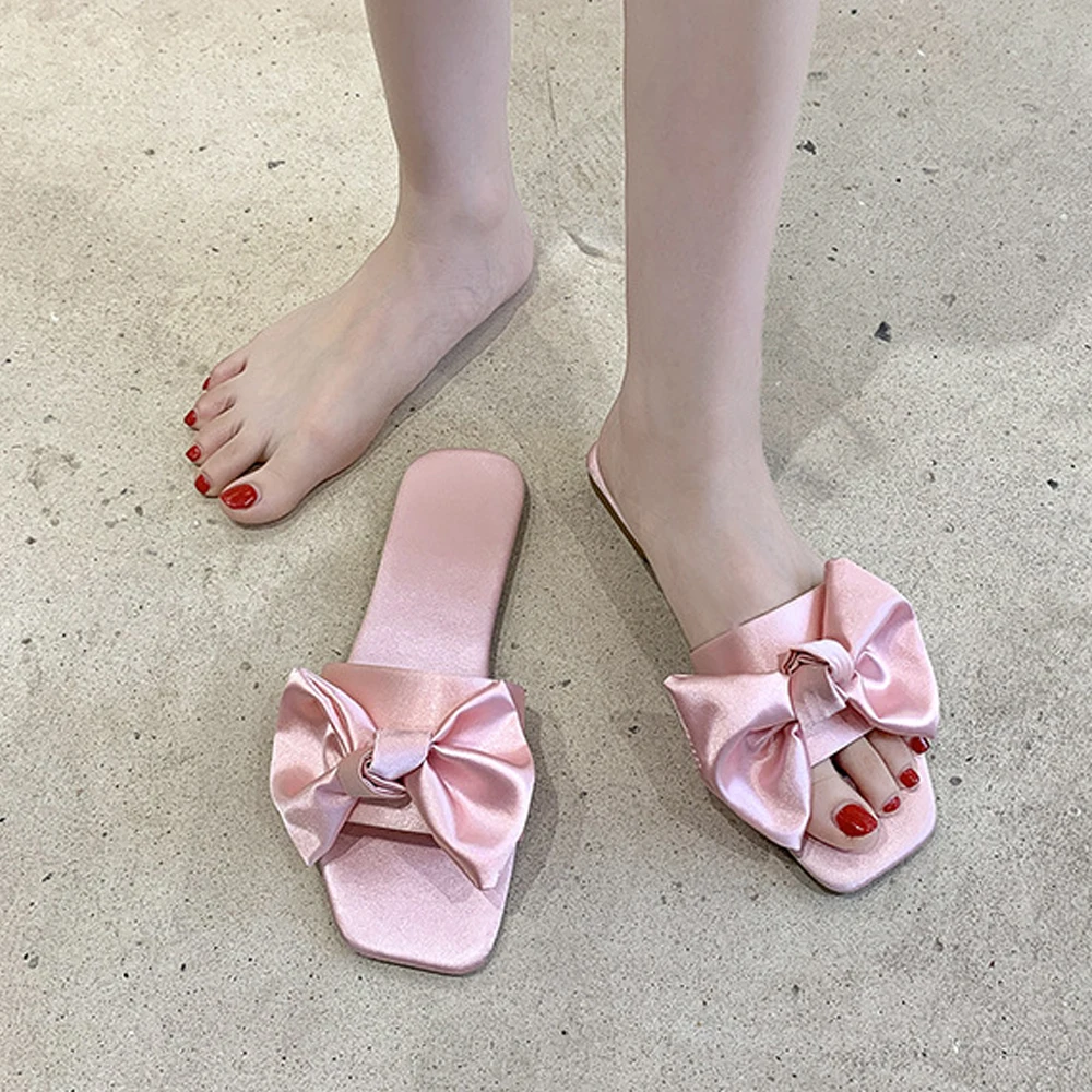 New Fashion Satins Wedding Slippers Luxury Women Peep Toe Bedroom Home Sandals Bride Bridesmaid Wedding Shoes With Silk Bow