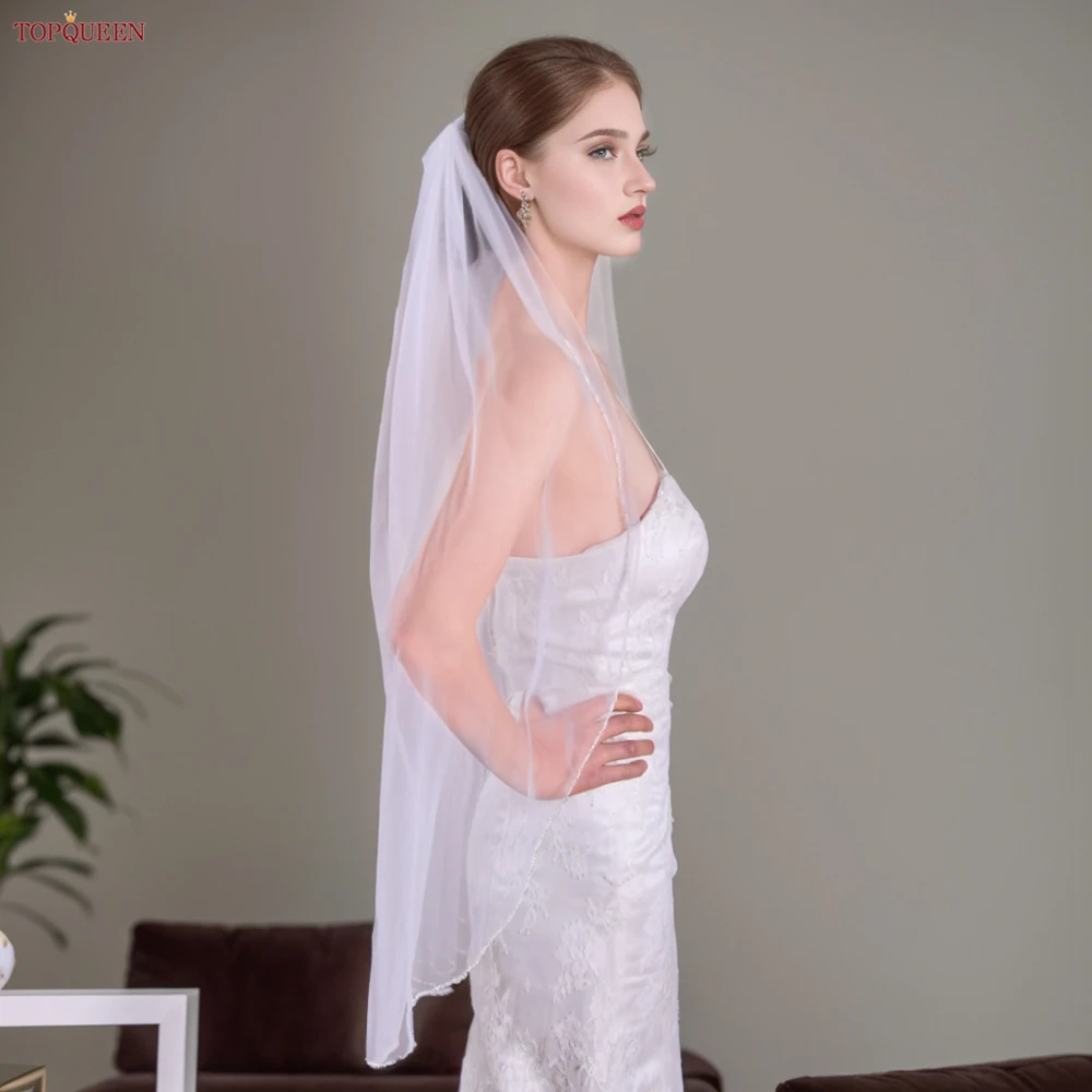 TOPQUEEN V107 Long Bridal Veils Crystal Beaded Wedding Veil With Crystal Edge 1 Tier Super Soft Bride To Be Veil Short