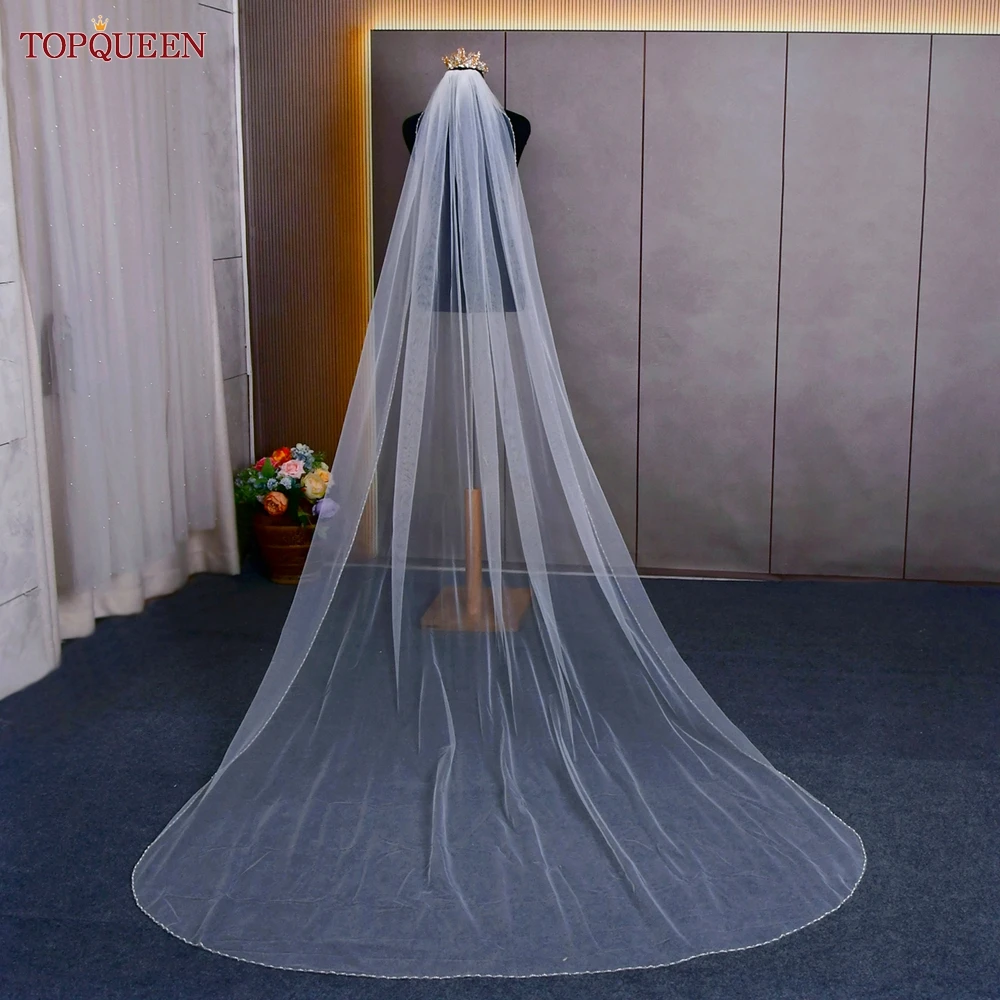 TOPQUEEN V107 Long Bridal Veils Crystal Beaded Wedding Veil With Crystal Edge 1 Tier Super Soft Bride To Be Veil Short