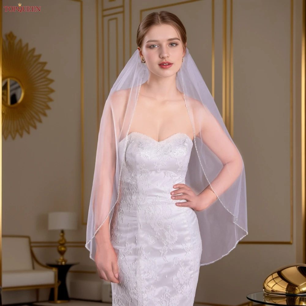 TOPQUEEN V107 Long Bridal Veils Crystal Beaded Wedding Veil With Crystal Edge 1 Tier Super Soft Bride To Be Veil Short