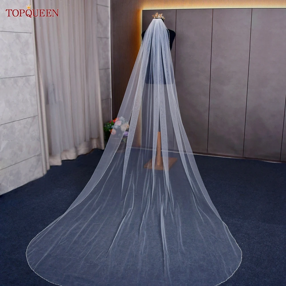 TOPQUEEN V107 Long Bridal Veils Crystal Beaded Wedding Veil With Crystal Edge 1 Tier Super Soft Bride To Be Veil Short