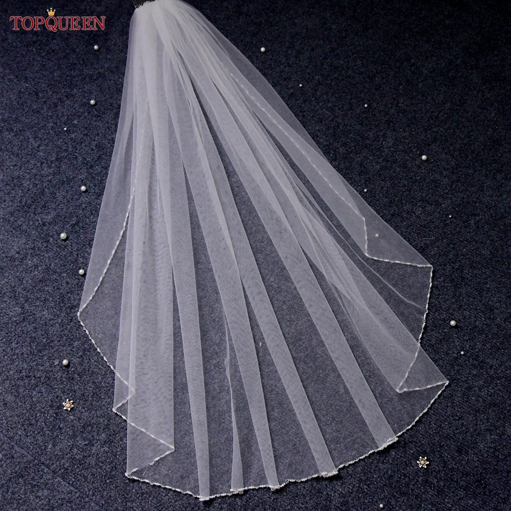 TOPQUEEN V107 Long Bridal Veils Crystal Beaded Wedding Veil With Crystal Edge 1 Tier Super Soft Bride To Be Veil Short