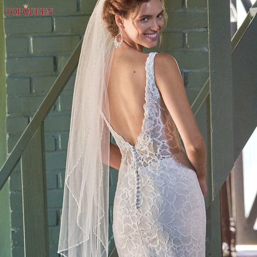 TOPQUEEN V107 Long Bridal Veils Crystal Beaded Wedding Veil With Crystal Edge 1 Tier Super Soft Bride To Be Veil Short