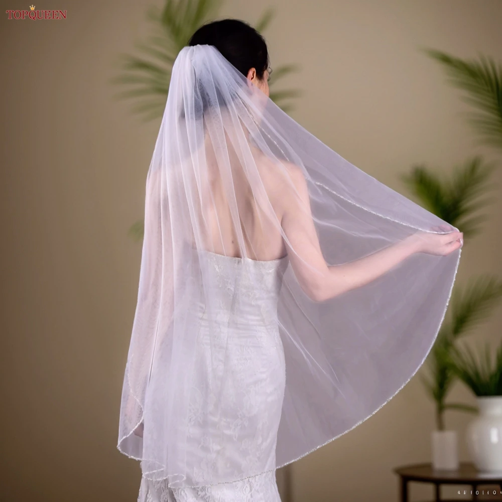 TOPQUEEN V107 Long Bridal Veils Crystal Beaded Wedding Veil With Crystal Edge 1 Tier Super Soft Bride To Be Veil Short