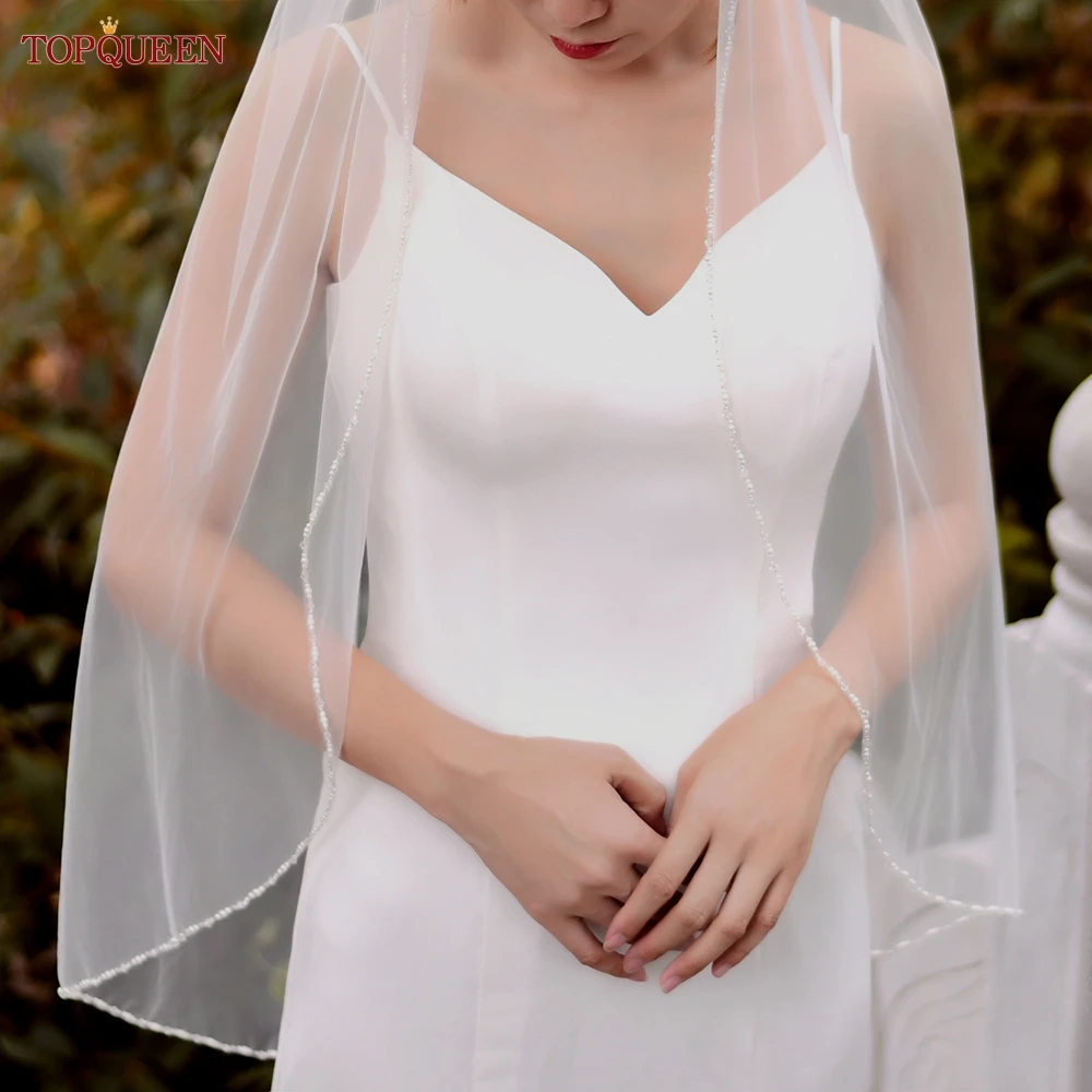 TOPQUEEN V107 Long Bridal Veils Crystal Beaded Wedding Veil With Crystal Edge 1 Tier Super Soft Bride To Be Veil Short