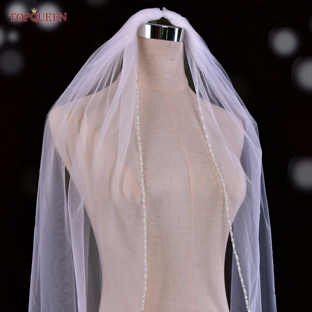 TOPQUEEN V107 Long Bridal Veils Crystal Beaded Wedding Veil With Crystal Edge 1 Tier Super Soft Bride To Be Veil Short