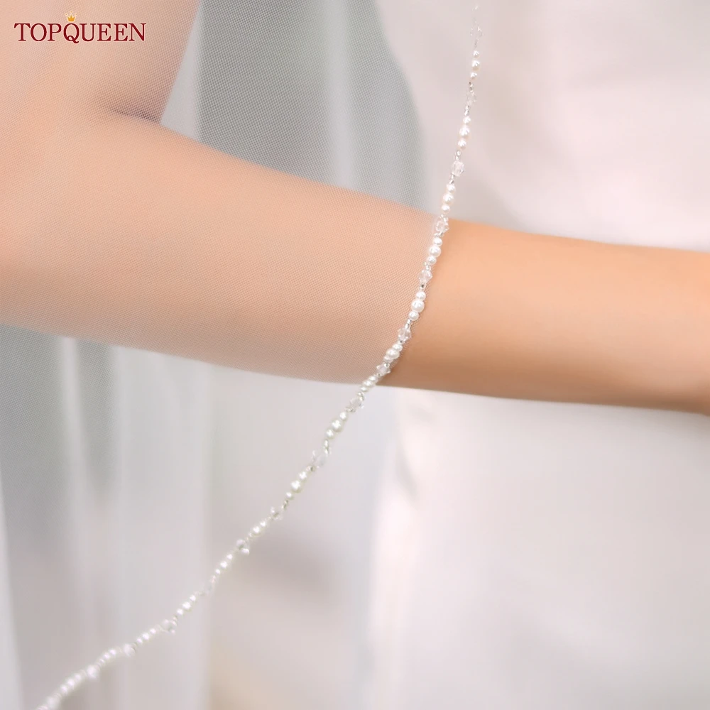 TOPQUEEN V107 Long Bridal Veils Crystal Beaded Wedding Veil With Crystal Edge 1 Tier Super Soft Bride To Be Veil Short
