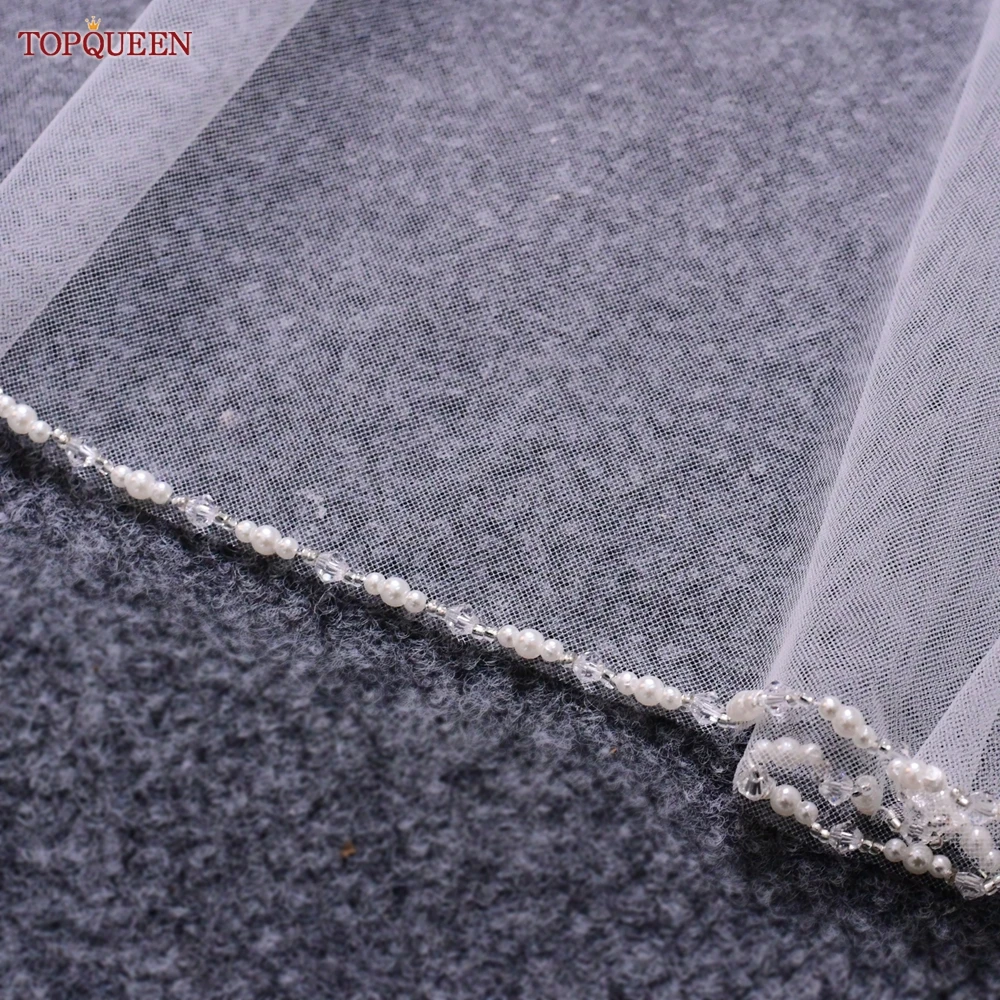 TOPQUEEN V107 Long Bridal Veils Crystal Beaded Wedding Veil With Crystal Edge 1 Tier Super Soft Bride To Be Veil Short
