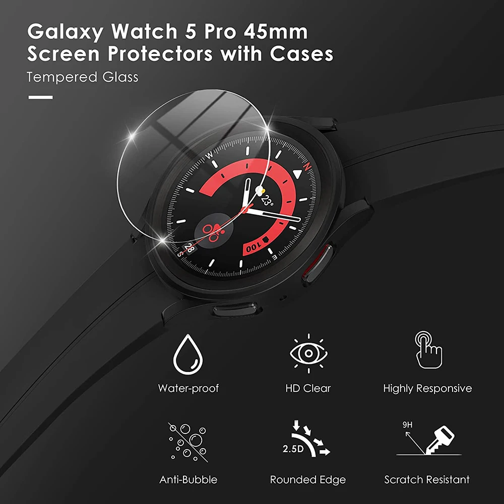 Glass+Case for Samsung Galaxy Watch 5/5 Pro Waterproof PC Galaxy Watch 5 40mm 44mm Cover Watch 5 Pro 45mm Cover+Screen Protector