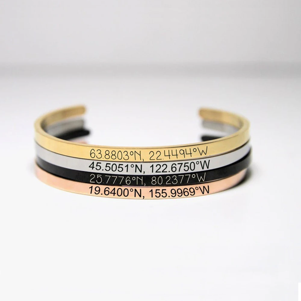 Customized Coordinate Engraved Name Text Heart Hole Cuff Bangle Personalized Bar Necklace Stainless Steel Bracelet Men Women Gif