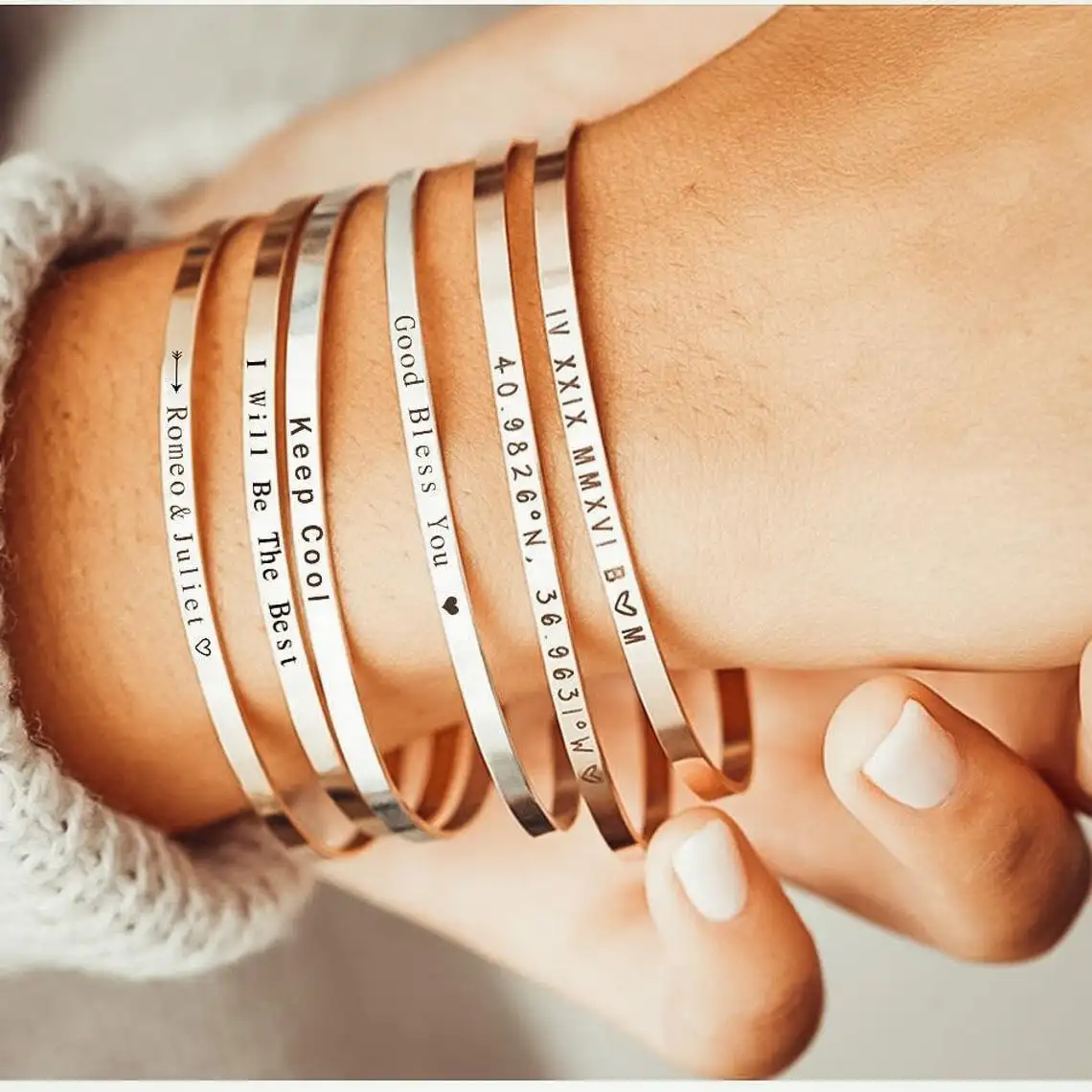 Customized Coordinate Engraved Name Text Heart Hole Cuff Bangle Personalized Bar Necklace Stainless Steel Bracelet Men Women Gif