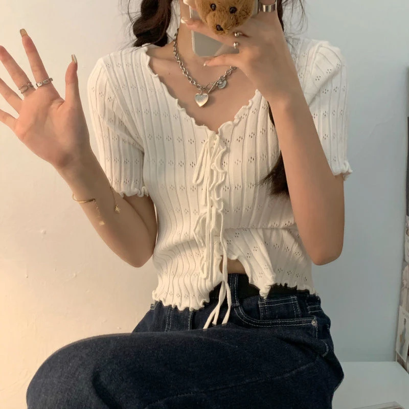 Knitted TShirt For Women V-neck Summer Simple Versatile Casual Crop Tops Bandage Ribbed Short Sleeve Women's Top T-Shirt Girl