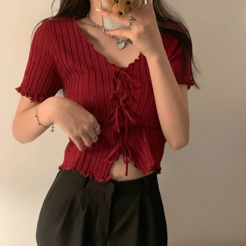 Knitted TShirt For Women V-neck Summer Simple Versatile Casual Crop Tops Bandage Ribbed Short Sleeve Women's Top T-Shirt Girl