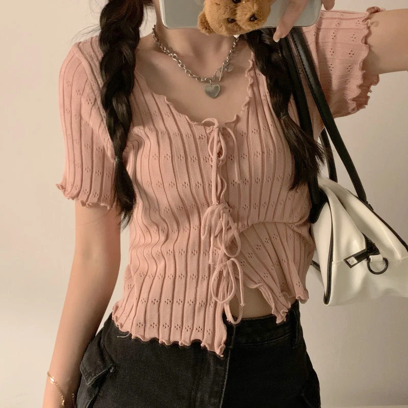 Knitted TShirt For Women V-neck Summer Simple Versatile Casual Crop Tops Bandage Ribbed Short Sleeve Women's Top T-Shirt Girl