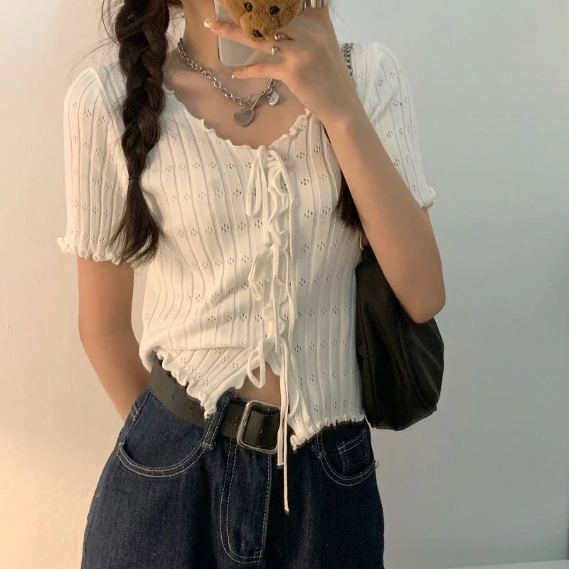 Knitted TShirt For Women V-neck Summer Simple Versatile Casual Crop Tops Bandage Ribbed Short Sleeve Women's Top T-Shirt Girl