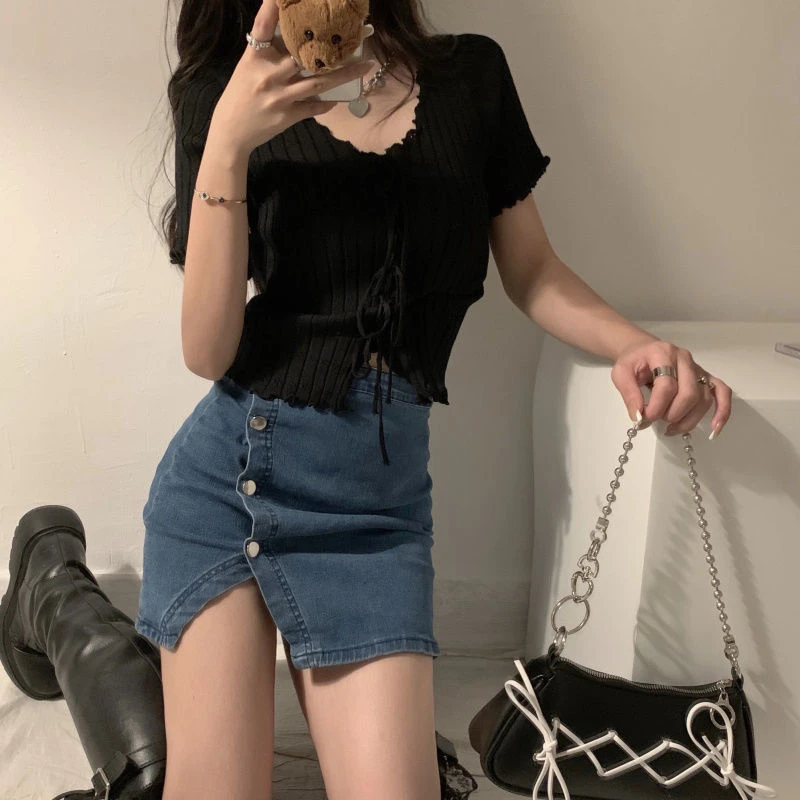 Knitted TShirt For Women V-neck Summer Simple Versatile Casual Crop Tops Bandage Ribbed Short Sleeve Women's Top T-Shirt Girl