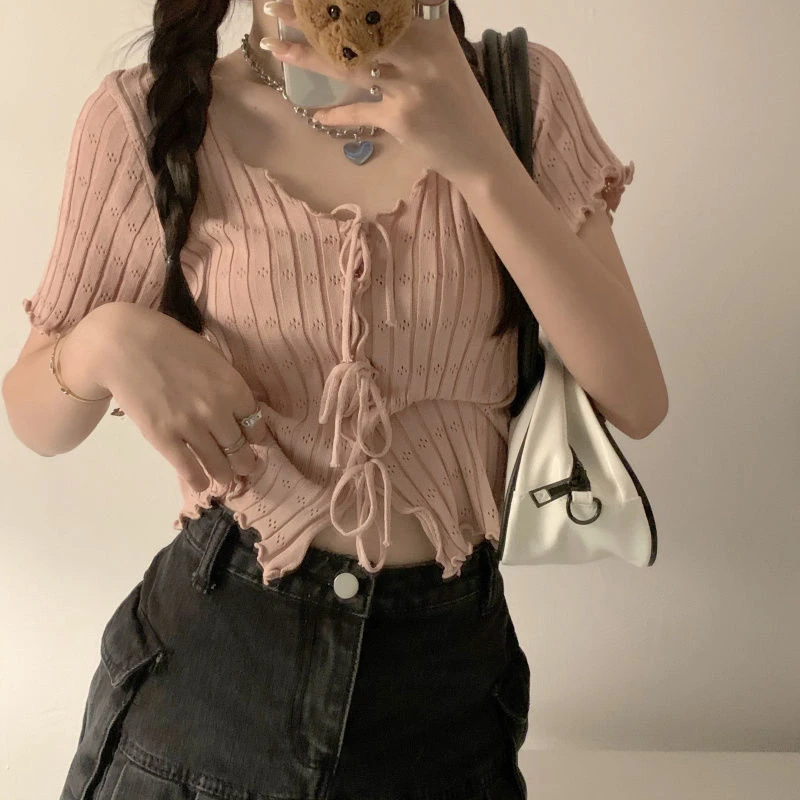 Knitted TShirt For Women V-neck Summer Simple Versatile Casual Crop Tops Bandage Ribbed Short Sleeve Women's Top T-Shirt Girl