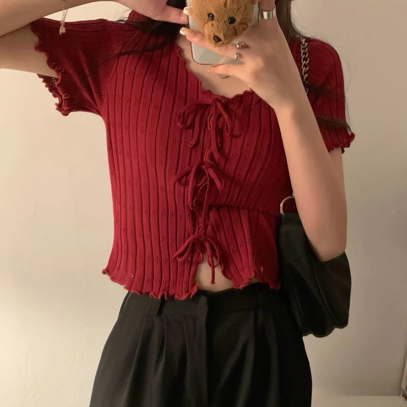 Knitted TShirt For Women V-neck Summer Simple Versatile Casual Crop Tops Bandage Ribbed Short Sleeve Women's Top T-Shirt Girl