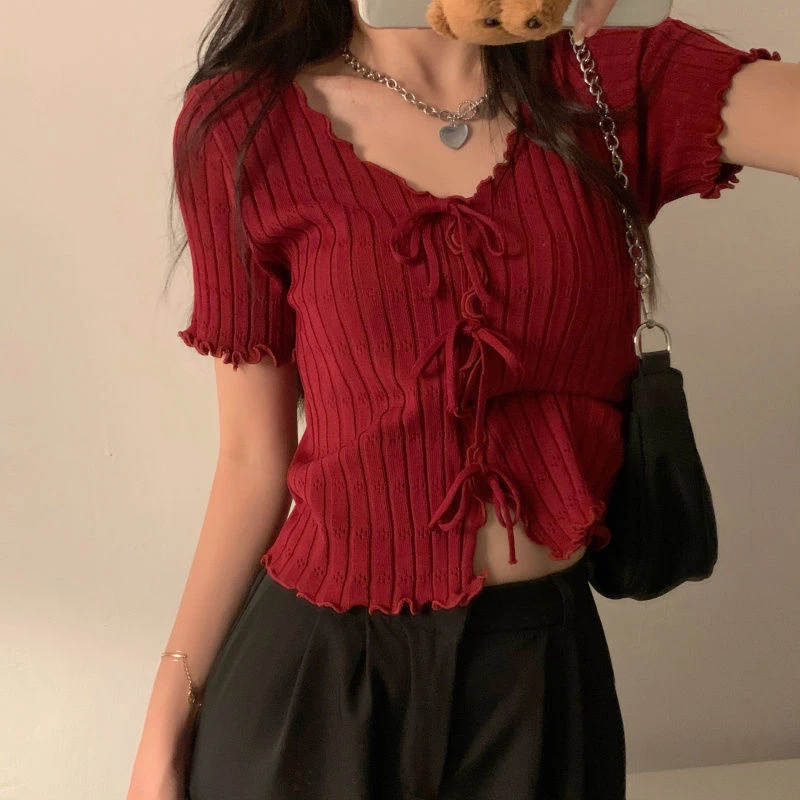 Knitted TShirt For Women V-neck Summer Simple Versatile Casual Crop Tops Bandage Ribbed Short Sleeve Women's Top T-Shirt Girl