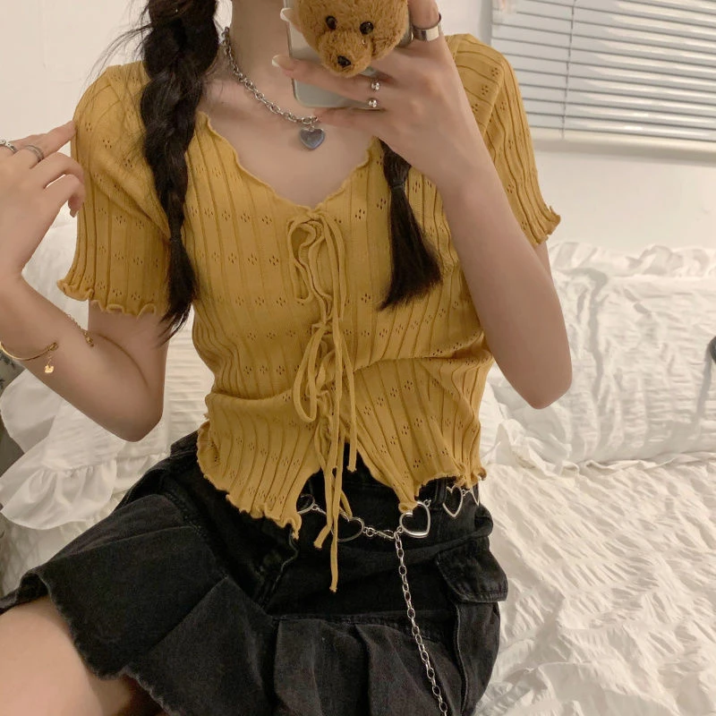 Knitted TShirt For Women V-neck Summer Simple Versatile Casual Crop Tops Bandage Ribbed Short Sleeve Women's Top T-Shirt Girl