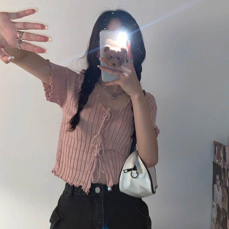 Knitted TShirt For Women V-neck Summer Simple Versatile Casual Crop Tops Bandage Ribbed Short Sleeve Women's Top T-Shirt Girl