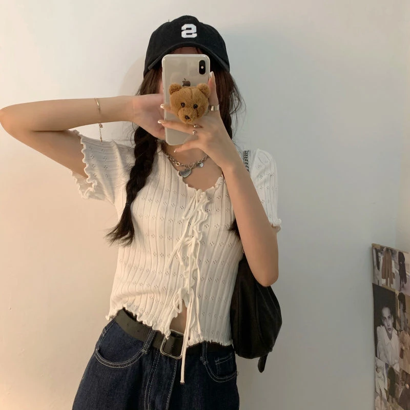 Knitted TShirt For Women V-neck Summer Simple Versatile Casual Crop Tops Bandage Ribbed Short Sleeve Women's Top T-Shirt Girl