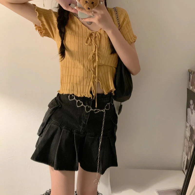 Knitted TShirt For Women V-neck Summer Simple Versatile Casual Crop Tops Bandage Ribbed Short Sleeve Women's Top T-Shirt Girl