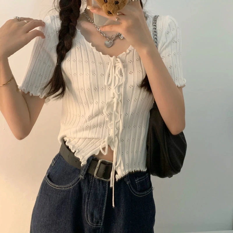 Knitted TShirt For Women V-neck Summer Simple Versatile Casual Crop Tops Bandage Ribbed Short Sleeve Women's Top T-Shirt Girl