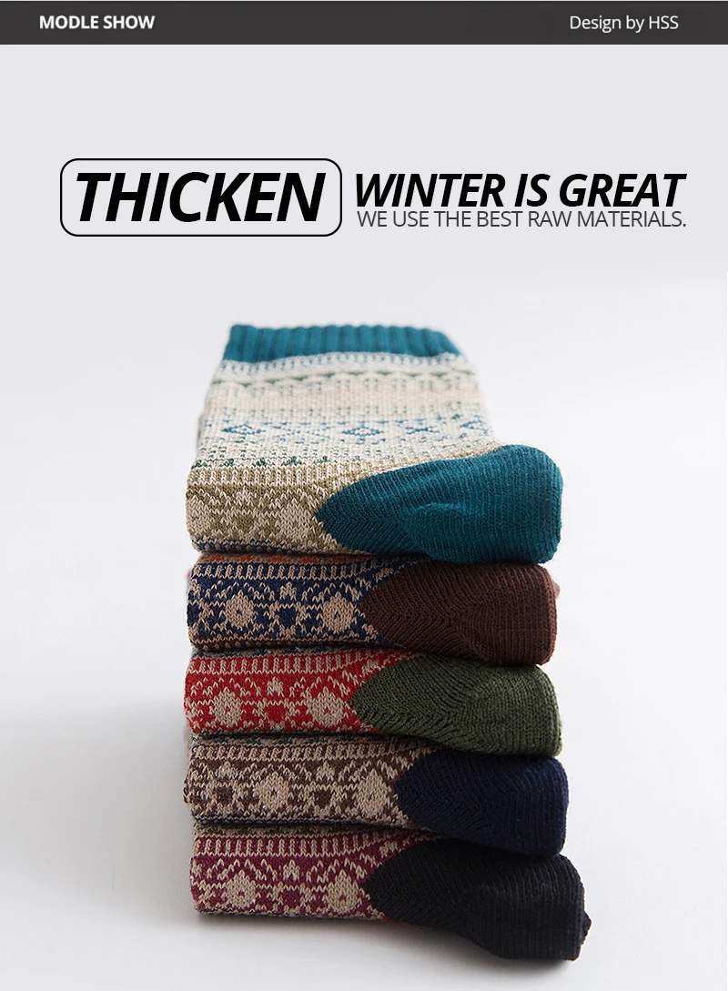 HSS Brand 5 Pairs Winter Men's Socks Thicken Sheep's Wool Socks Warm Men Retro Style Colorful Fashion Man Socks For Snow Boots