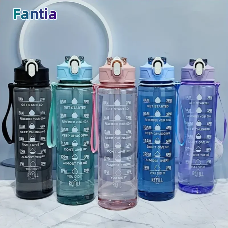 800ml/27oz Large Capacity Sports Water Bottle Leak Proof Plastic Drinking Cup With Time Scale Suitable For Travel Fitness Sports