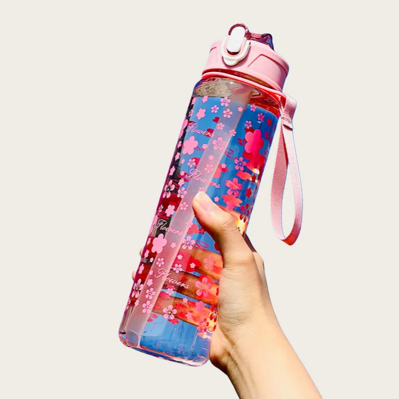 800ml/27oz Large Capacity Sports Water Bottle Leak Proof Plastic Drinking Cup With Time Scale Suitable For Travel Fitness Sports